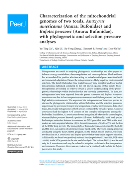 Characterization of the Mitochondrial Genomes of Two Toads, Anaxyrus Americanus (Anura: Bufonidae) and Bufotes Pewzowi (Anura: B