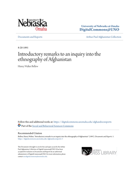 Introductory Remarks to an Inquiry Into the Ethnography of Afghanistan Henry Walter Bellew