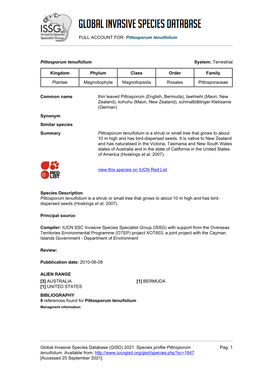 Pittosporum Tenuifolium Global Invasive Species Database (GISD)