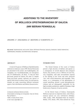 Additions to the Inventory of Mollusca Opisthobranchia of Galicia (Nw Iberian Peninsula)