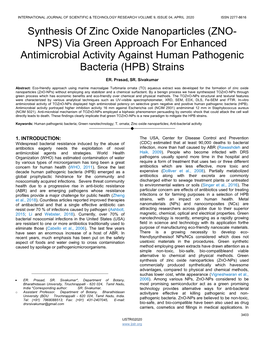ZNO- NPS) Via Green Approach for Enhanced Antimicrobial Activity Against Human Pathogenic Bacteria (HPB) Strains
