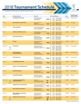 *Schedule As of November 5, 2018 and Subject to Change Denotes Major Championship