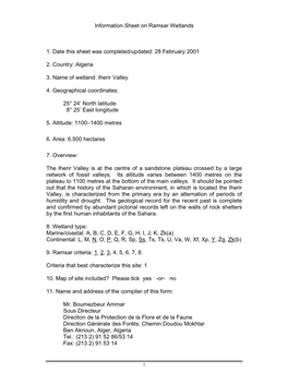 Information Sheet on Ramsar Wetlands 1. Date This Sheet Was