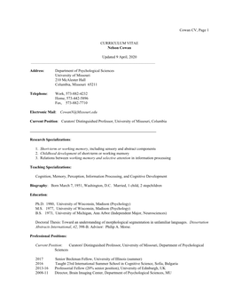 Cowan CV, Page 1 . CURRICULUM VITAE Nelson Cowan Updated 9