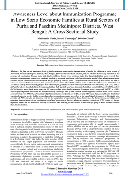 Awareness Level About Immunization Programme in Low Socio Economic Families at Rural Sectors of Purba and Paschim Medinipore