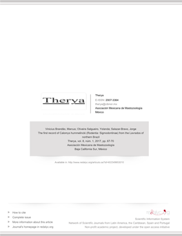 The First Record of Calomys Hummelincki (Rodentia: Sigmodontinae) from the Lavrados of Northern Brazil Therya, Vol