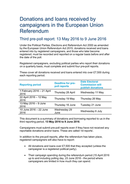 Donations and Loans Received by Campaigners in the European Union Referendum Third Pre-Poll Report: 13 May 2016 to 9 June 2016