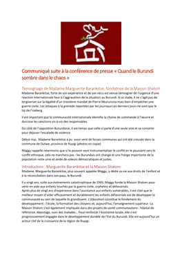 Communiqué Suite À La Conférence De Presse « Quand Le Burundi Sombre Dans Le Chaos »