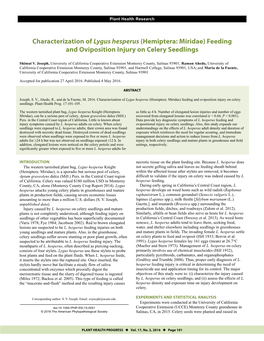 Characterization of Lygus Hesperus (Hemiptera: Miridae) Feeding and Oviposition Injury on Celery Seedlings