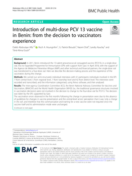 Introduction of Multi-Dose PCV 13 Vaccine in Benin: from the Decision to Vaccinators Experience Daleb Abdoulaye Alfa1,2* , Roch A