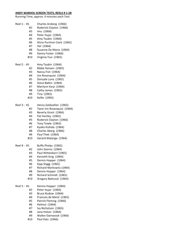 ANDY WARHOL SCREEN TESTS, REELS # 1‐28 Running Time, Approx