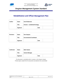 091201 Final Drayton Rehabilitation and Offset Management Plan