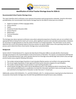 Identification of Critical Teacher Shortage Areas for 2020-21