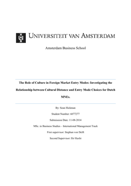 The Role of Culture in Foreign Market Entry Modes: Investigating The