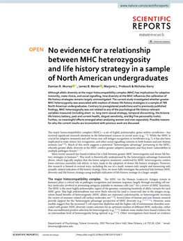 No Evidence for a Relationship Between MHC Heterozygosity and Life History Strategy in a Sample of North American Undergraduates Damian R