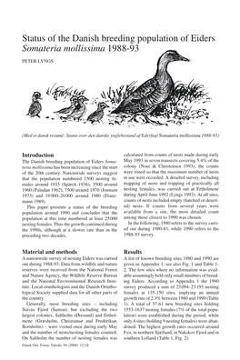 Status of the Danish Breeding Population of Eiders Somateria Mollissima 1988-93