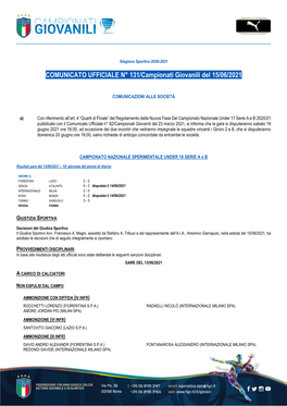 COMUNICATO UFFICIALE N° 131/Campionati Giovanili Del 15/06/2021