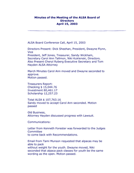 Minutes of the Meeting of the ALSA Board of Directors April 15, 2003