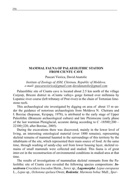 Mammal Fauna of Palaeolithic Station from Ciuntu Cave