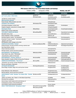 PBS Summer 2018 Press Tour Social Media Handles and Hashtags