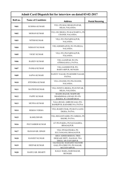 Admit Card Dispatch List for Interview on Dated 03-02-2017