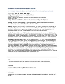 Sigma's 30Th International Nursing Research Congress a Correlational Study on the Stress Level and Academic Performance of Nursi