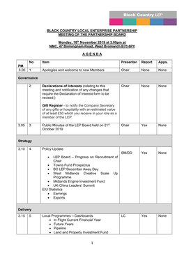 BLACK COUNTRY LOCAL ENTERPRISE PARTNERSHIP MEETING of the PARTNERSHIP BOARD Monday, 18Th November 2019 at 3.00Pm at NMC, 47