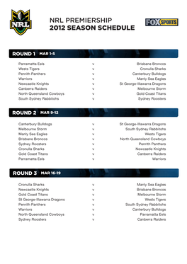 Nrl Premiership 2012 Season Schedule