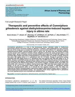 Therapeutic and Preventive Effects of Commiphora Gileadensis Against Diethylnitrosamine-Induced Hepatic Injury in Albino Rats