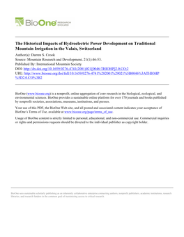 The Historical Impacts of Hydroelectric Power Development on Traditional Mountain Irrigation in the Valais, Switzerland Author(S): Darren S