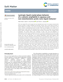 Lyotropic Liquid Crystal Phase Behavior of a Cationic Amphiphile in Aqueous and Cite This: Soft Matter, 2020, 16,9456 Non-Stoichiometric Protic Ionic Liquid Mixtures†