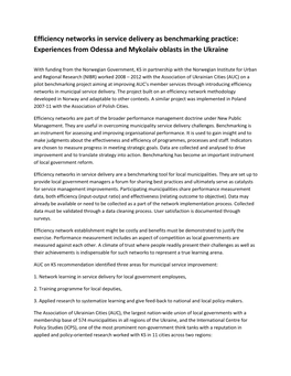 Efficiency Networks in Service Delivery As Benchmarking Practice: Experiences from Odessa and Mykolaiv Oblasts in the Ukraine