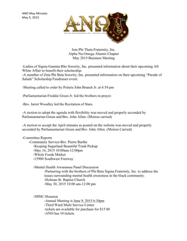 Iota Phi Theta Fraternity, Inc. Alpha Nu Omega Alumni Chapter May 2015 Business Meeting