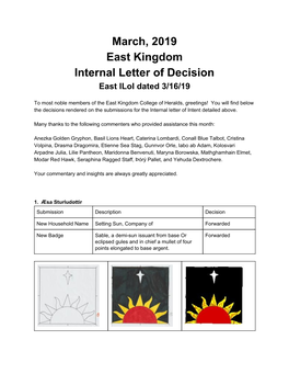 March, 2019 East Kingdom Internal Letter of Decision East Iloi Dated 3/16/19