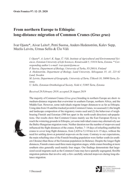 Long-Distance Migration of Common Cranes (Grus Grus)