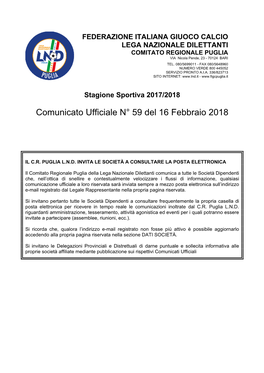 Comunicato Ufficiale N° 59 Del 16 Febbraio 2018