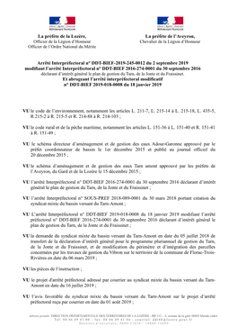 La Préfète De La Lozère, La Préfète De L'aveyron, Arrêté Interpréfectoral N° DDT-BIEF-2019-245-0012 Du 2 Septembre 20