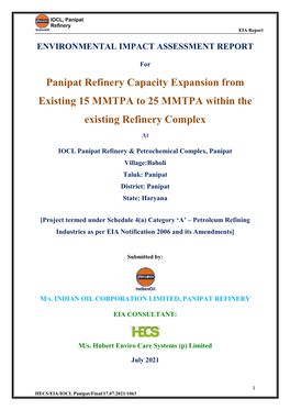 Panipat Refinery Capacity Expansion from Existing 15 MMTPA to 25 MMTPA Within the Existing Refinery Complex