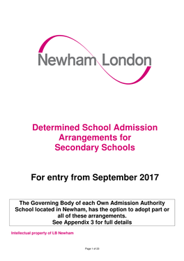 Determined School Admission Arrangements for Secondary Schools for Entry from September 2017