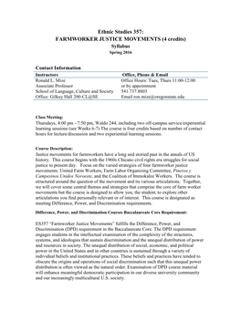 Ethnic Studies 357: FARMWORKER JUSTICE MOVEMENTS (4 Credits) Syllabus Spring 2016