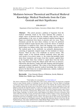 Mediators Between Theoretical and Practical Medieval Knowledge: Medical Notebooks from the Cairo Genizah and Their Signiﬁcance