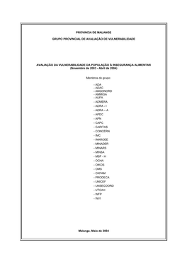 Provincia De Malange Grupo Provincial De Avaliação De Vulnerabilidade Avaliação Da Vulnerabilidade Da População À Insegur