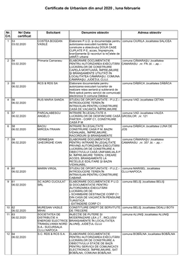 Certificate De Urbanism Din Anul 2020 , Luna Februarie