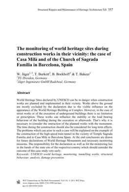 The Monitoring of World Heritage Sites During Construction Works in Their Vicinity: the Case of Casa Milà and of the Church of Sagrada Familia in Barcelona, Spain