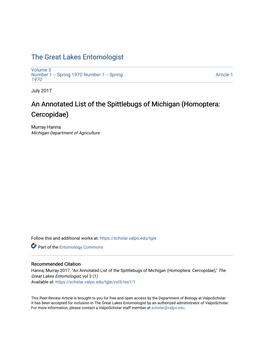 An Annotated List of the Spittlebugs of Michigan (Homoptera: Cercopidae)