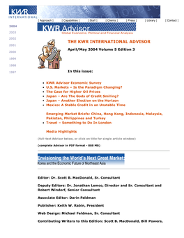 THE KWR INTERNATIONAL ADVISOR 2001 April/May 2004 Volume 5 Edition 3 2000