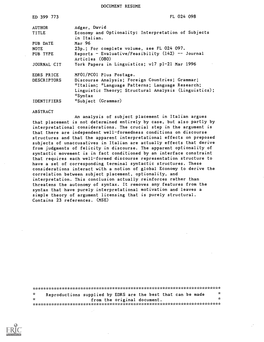 Economy and Optionality: Interpretation of Subjects in Italian. PUB DATE Mar 96 NOTE 23P.; for Complete Volume, See FL 024 097