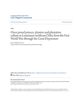 Planters and Plantation Culture in Louisiana's Northeast Delta, from the First World War Through The