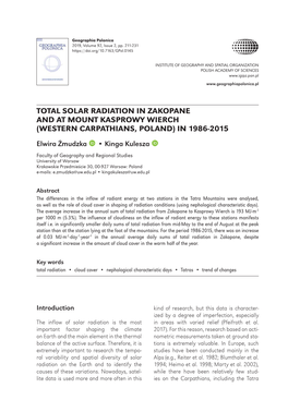 Total Solar Radiation in Zakopane and at Mount Kasprowy Wierch (Western Carpathians, Poland) in 1986-2015