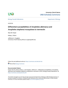 Differential Susceptibilities of Anopheles Albimanus and Anopheles Stephensi Mosquitoes to Ivermectin